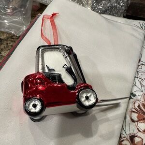 Old World Blown Glass Red and Silver Forklift Ornament.